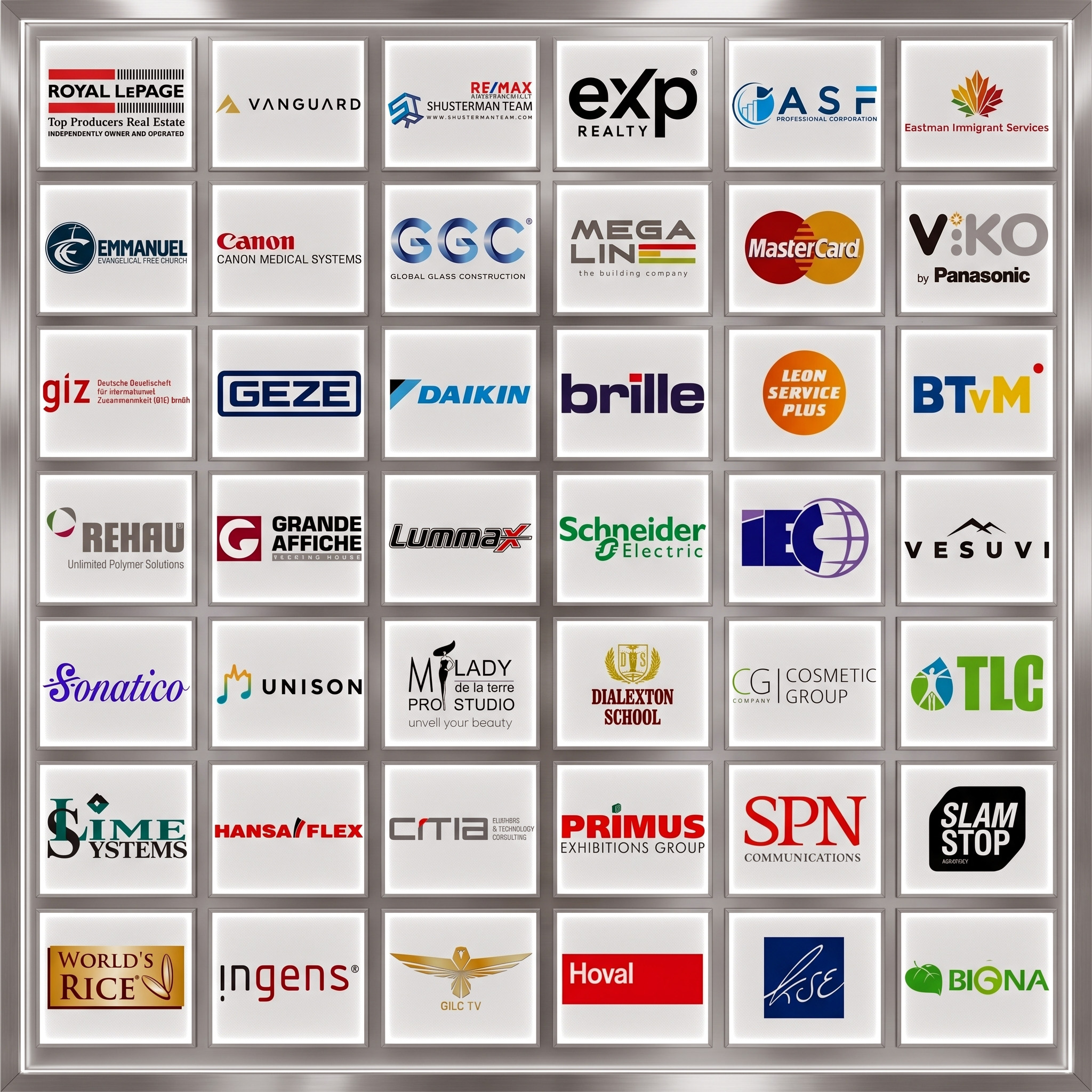 Client logos: Royal LePage, Vanguard, RE/MAX, eXp Realty, ASF Professional Corporation, Eastman Immigrant Services, Emmanuel Evangelical Free Church, Canon Medical Systems, Global Glass Construction, Mega Lin, MasterCard, Panasonic, GIZ, GEZE, Daikin, Brille, Leon Service Plus, BTV, Rehau, Grande Affiche, Lummax, Schneider Electric, Vesuvius, Sonatico, Unison, Lady de la terre Pro Studio, Dialexton School, Cosmetic Group, TLC, Sime Systems, Hansa Flex, CMA, Primus Exhibitions Group, SPN Communications, Slam Stop, World's Rice, Ingens, GILC TV, Hoval, KSE, Biona